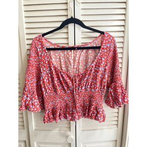 Free People Smocked Waist Sleeves Crop Red Floral Top Ruffle Fairy Grunge Size L